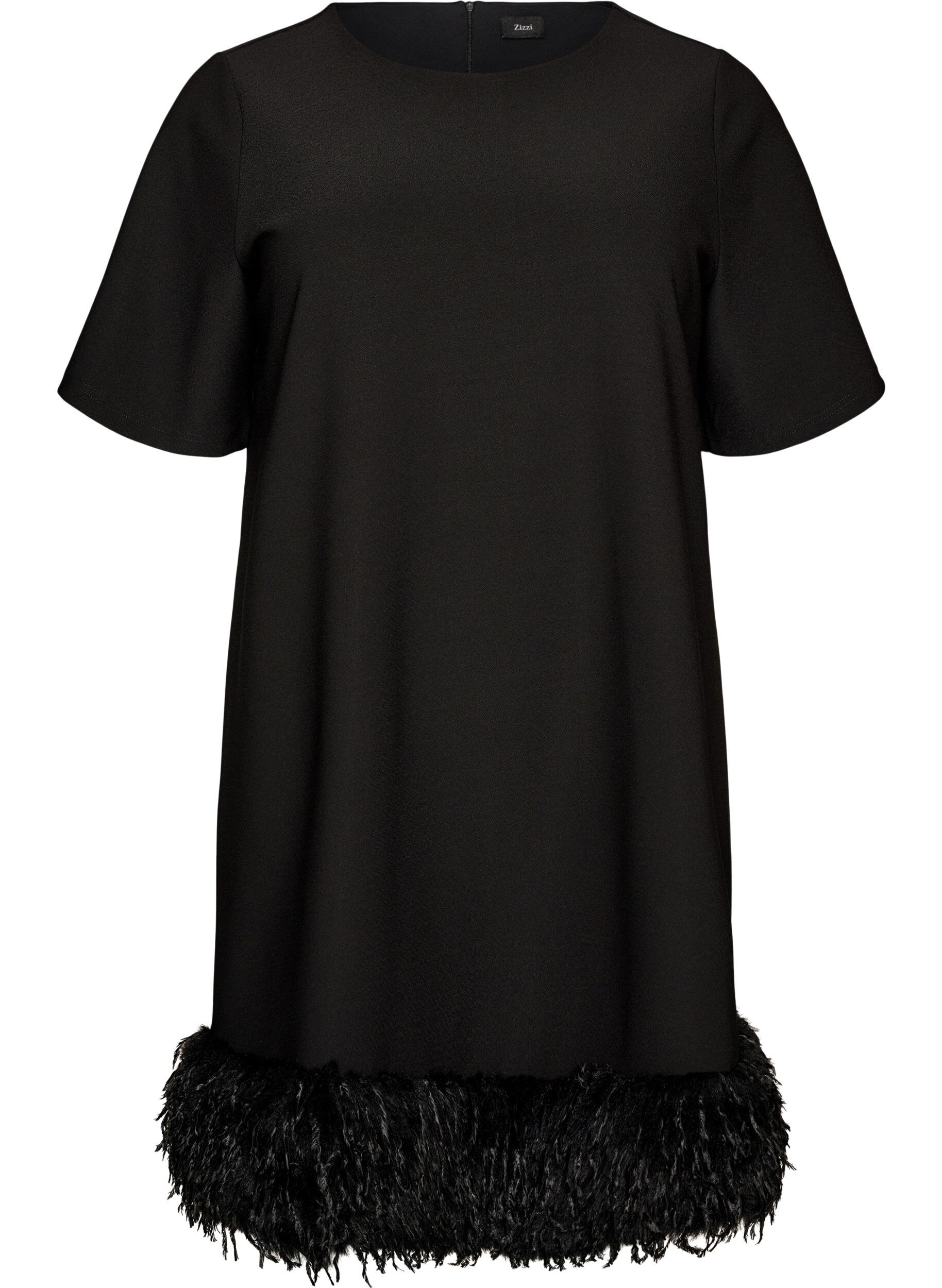 ZizziKorte jersey jurk met verenkant, Zwart, Packshot image number 0