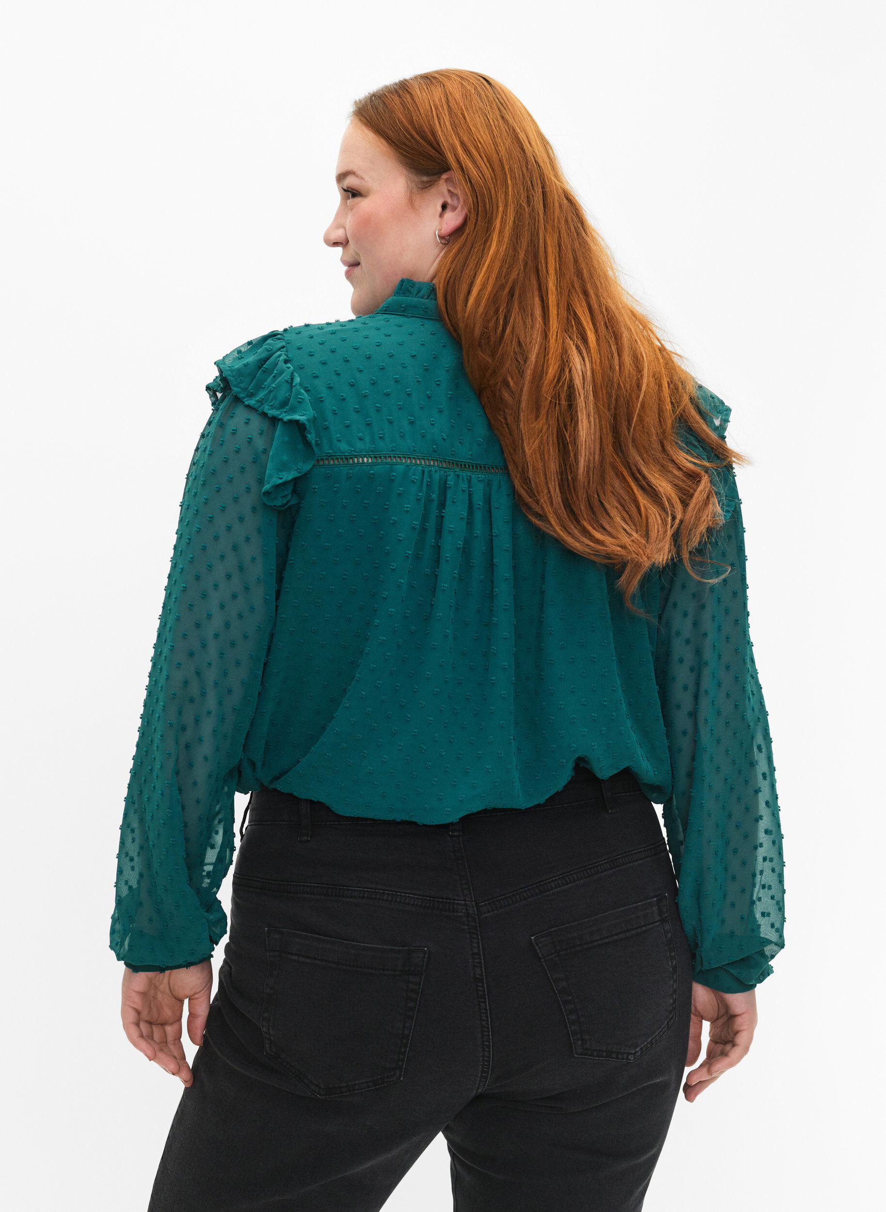Zizzi T-shirtblouse met ruches en een gestippelde textuur, Shaded Spruce, Model image number 1