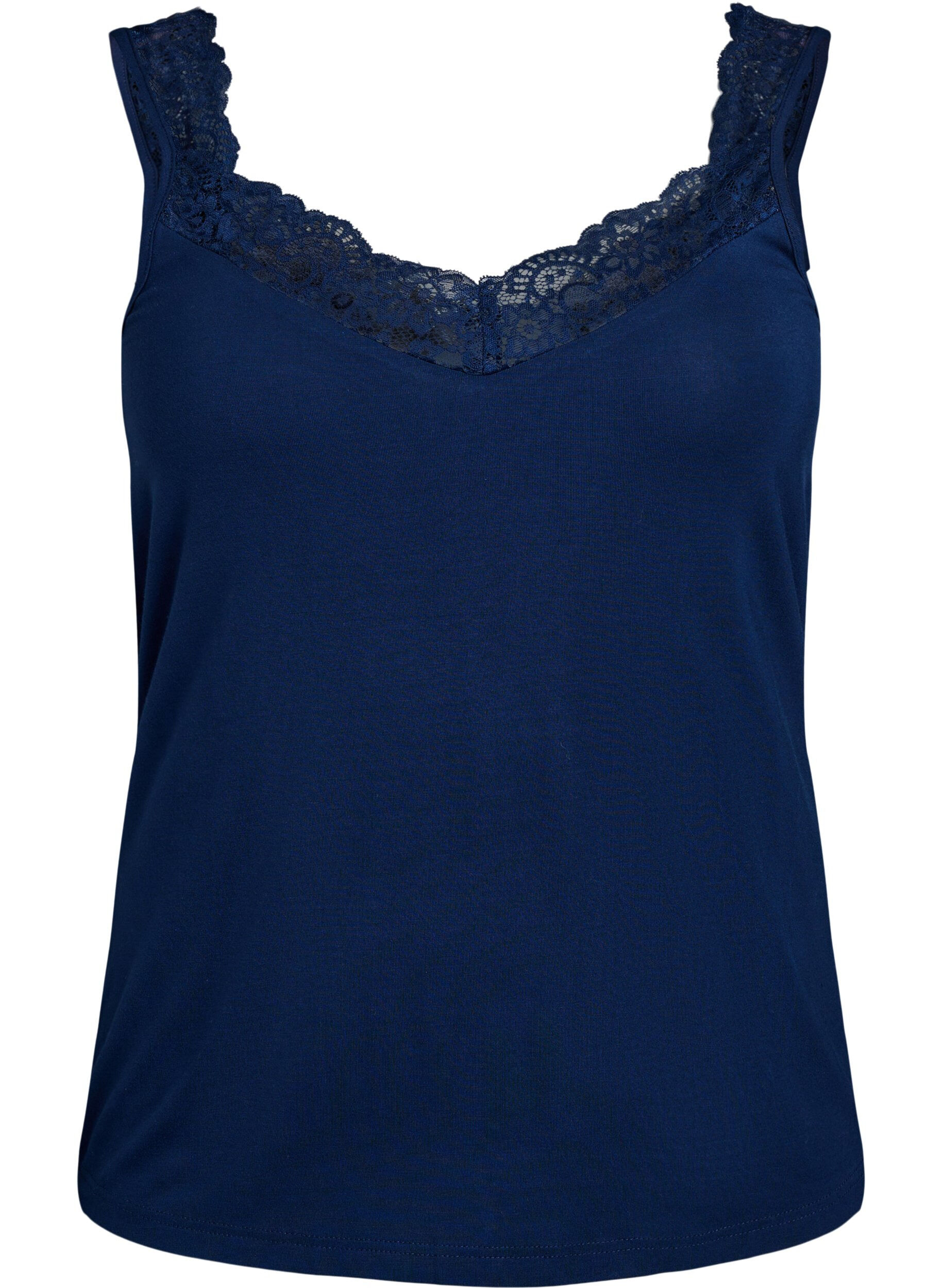 Zizzi Viscose top met kanten afwerking, Blauw, Packshot image number 0
