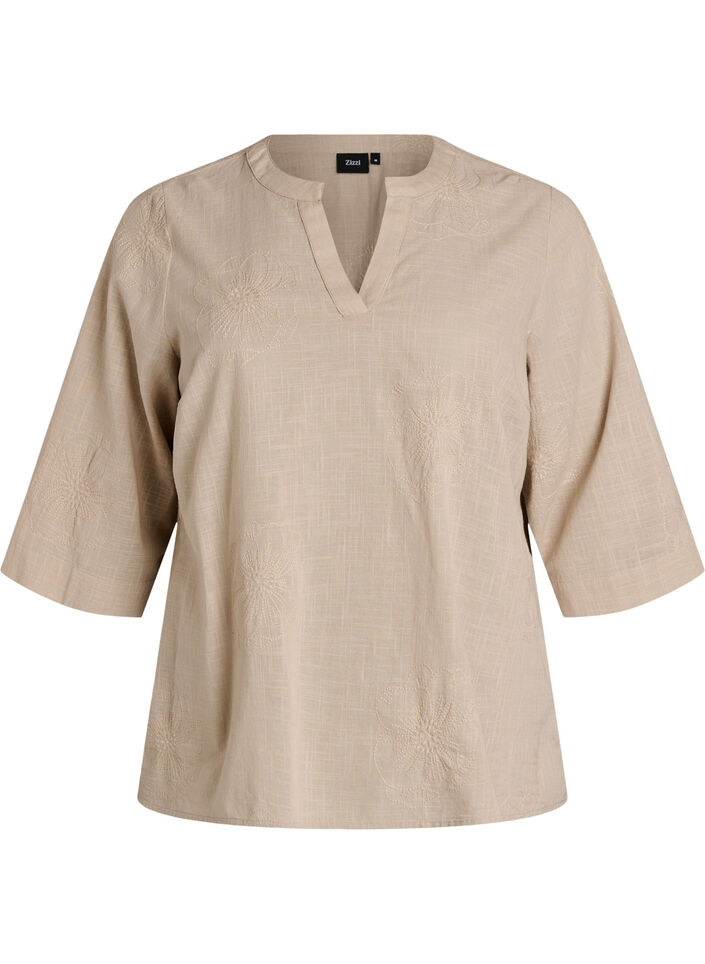 Katoenen blouse met geborduurde details en 3/4 mouwen, Beige, Packshot image number 0