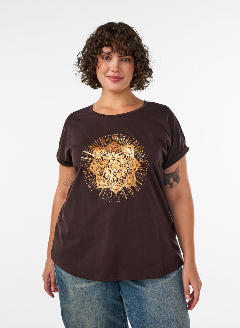 T-shirt met decoratieve print aan de voorkant, Bruin, Model image number 0