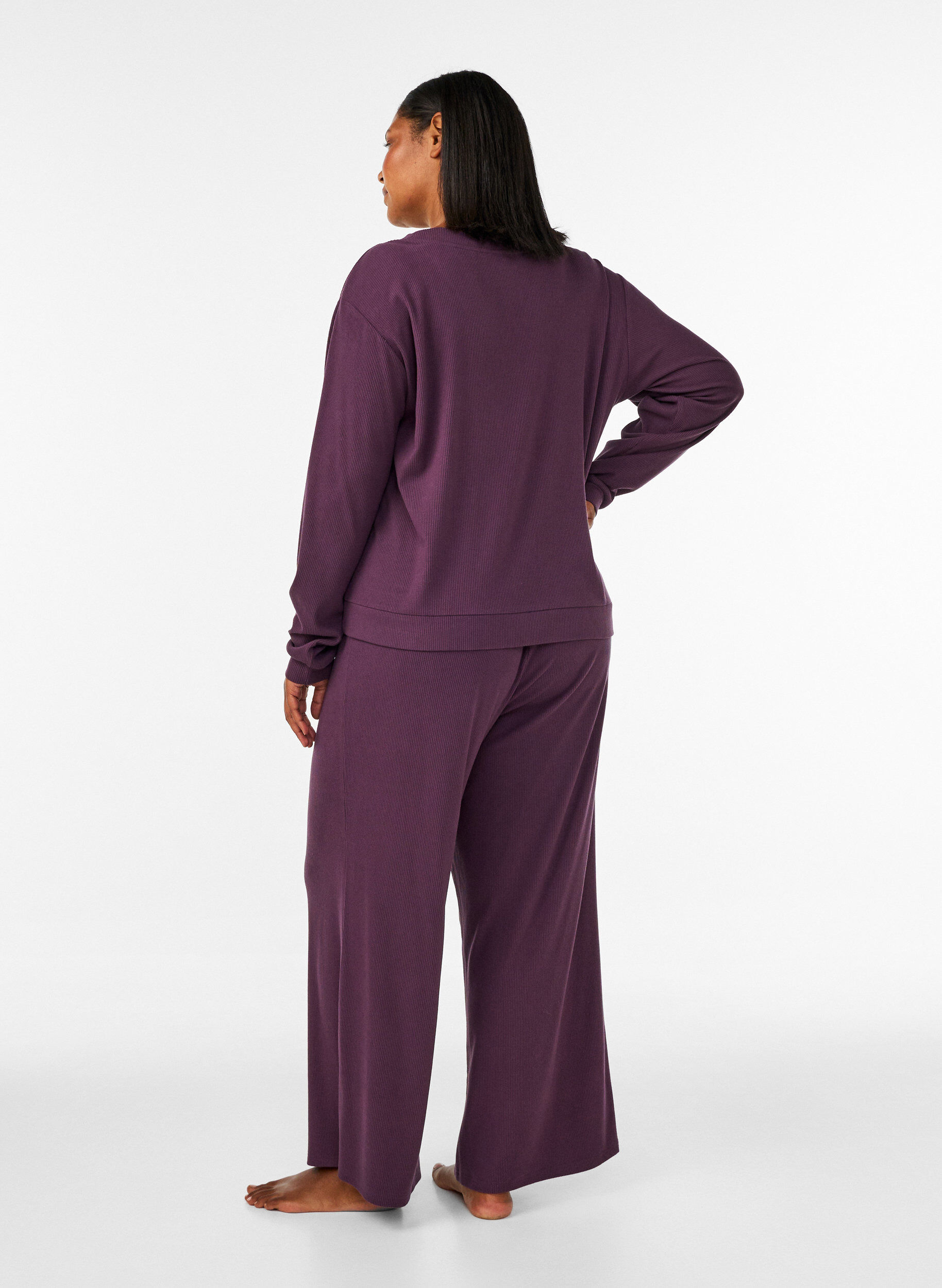 ZizziGeribde jerseytrots met wijde pijpen, Paars, Model image number 2