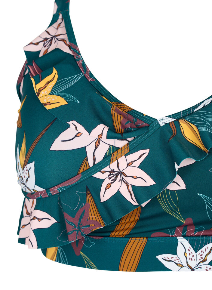 Gebloemde bikinibeha met ruches, Groen, Packshot image number 2