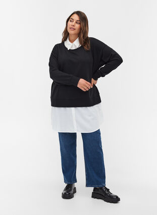 Sweatshirt met opgenaaid overhemd, Black, Model image number 3