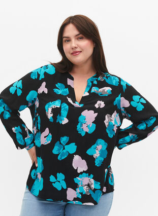 Viscose blouse met print en lange mouw, Blue AOP, Model image number 2