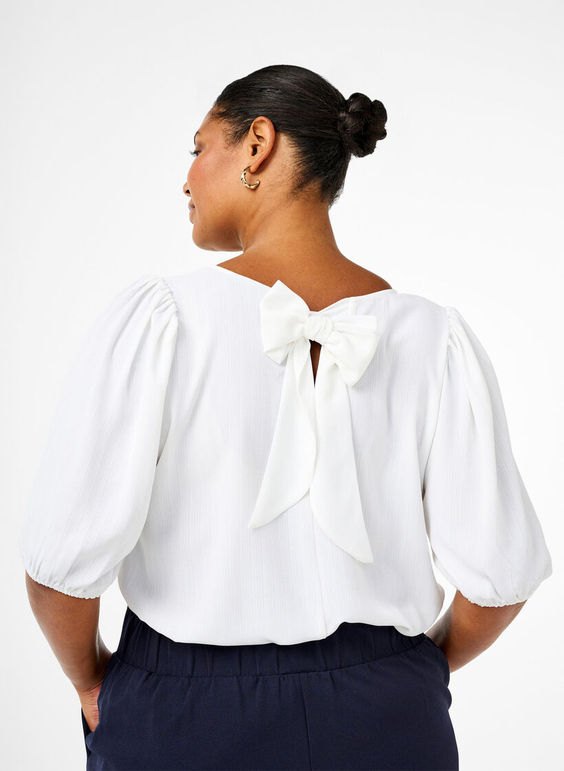 Blouse met korte mouwen en een strik op de rug, Bright White, Model image number 1