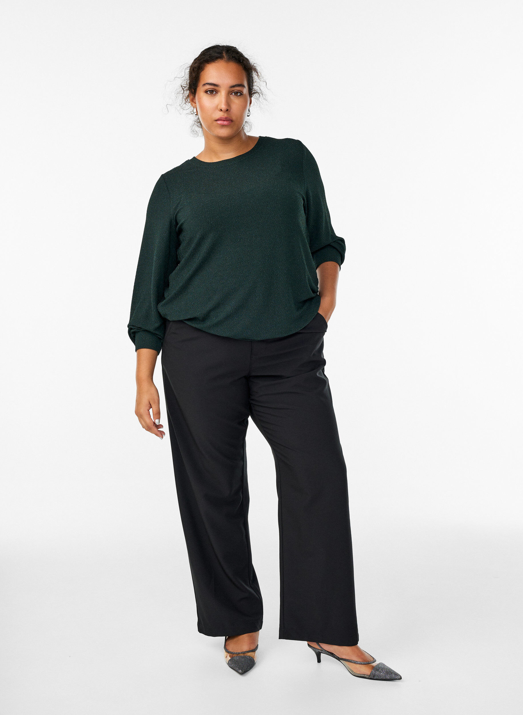 Zizzi Blouse met visgraatpatroon en glinsterend garen, Groen, Model image number 1