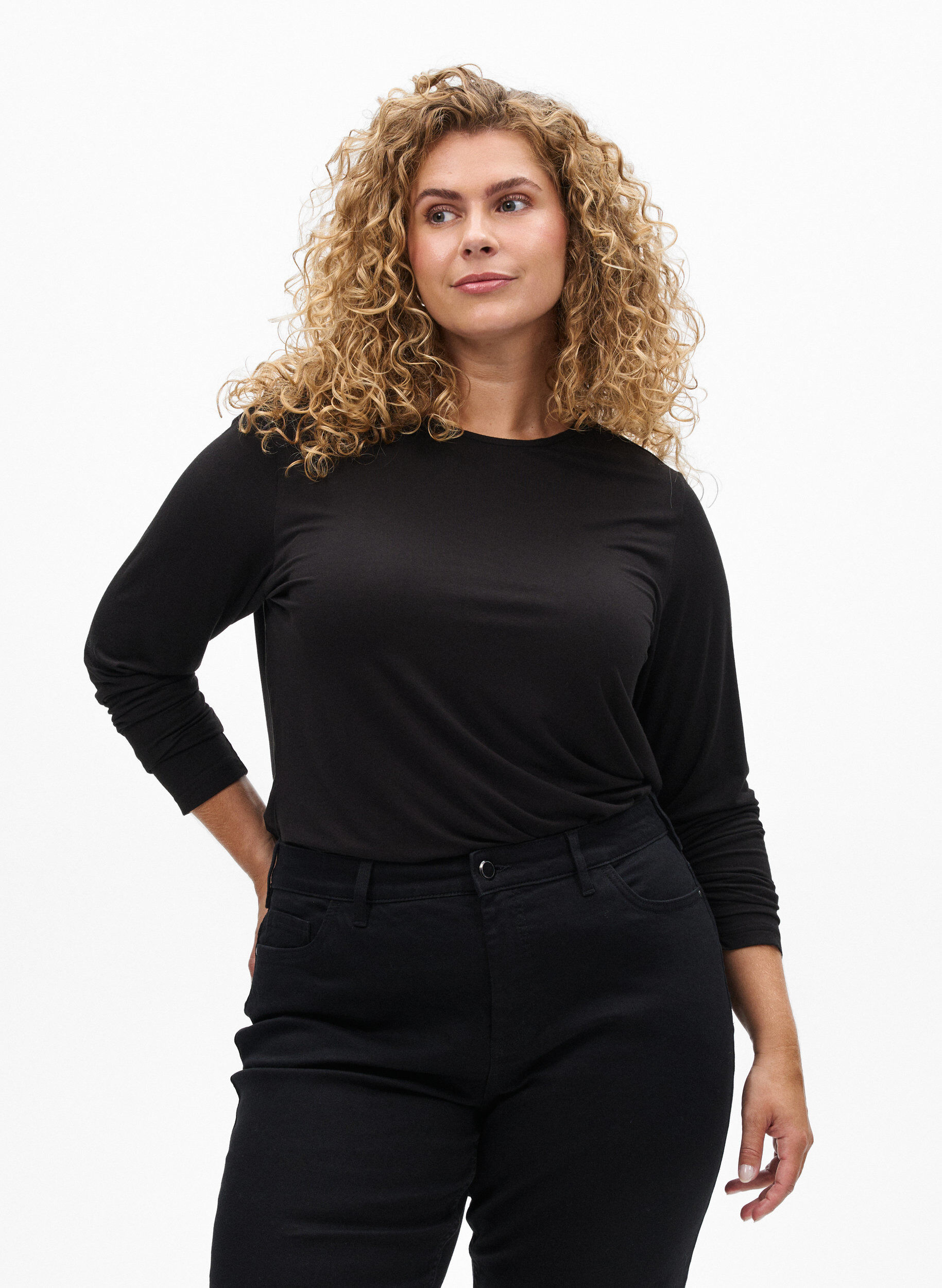 Zizzi Blouse met lange mouwen in een effen kleur, Zwart, Model image number 0