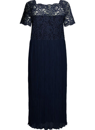 Maxi-jurk met korte mouwen, plissé en kant, Night Sky, Packshot image number 1