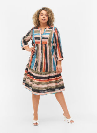Katoenen jurk met patroon en 3/4 mouwen, Multi Stripe AOP, Model image number 2