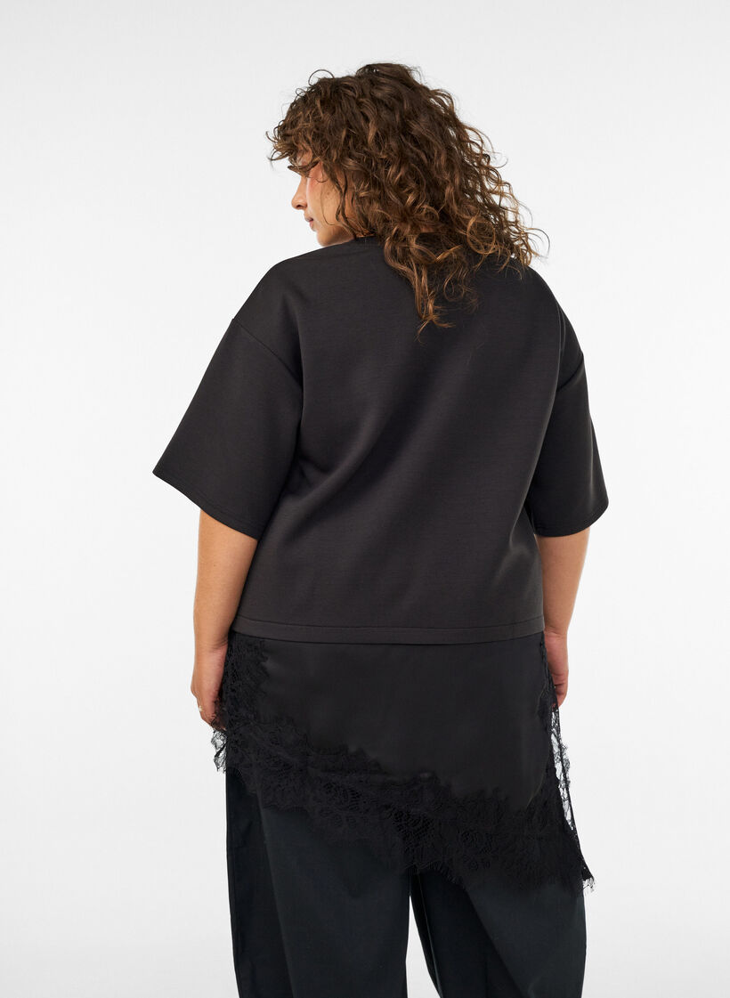 Jersey blouse met gelaagde look en kant, Zwart, Model image number 2