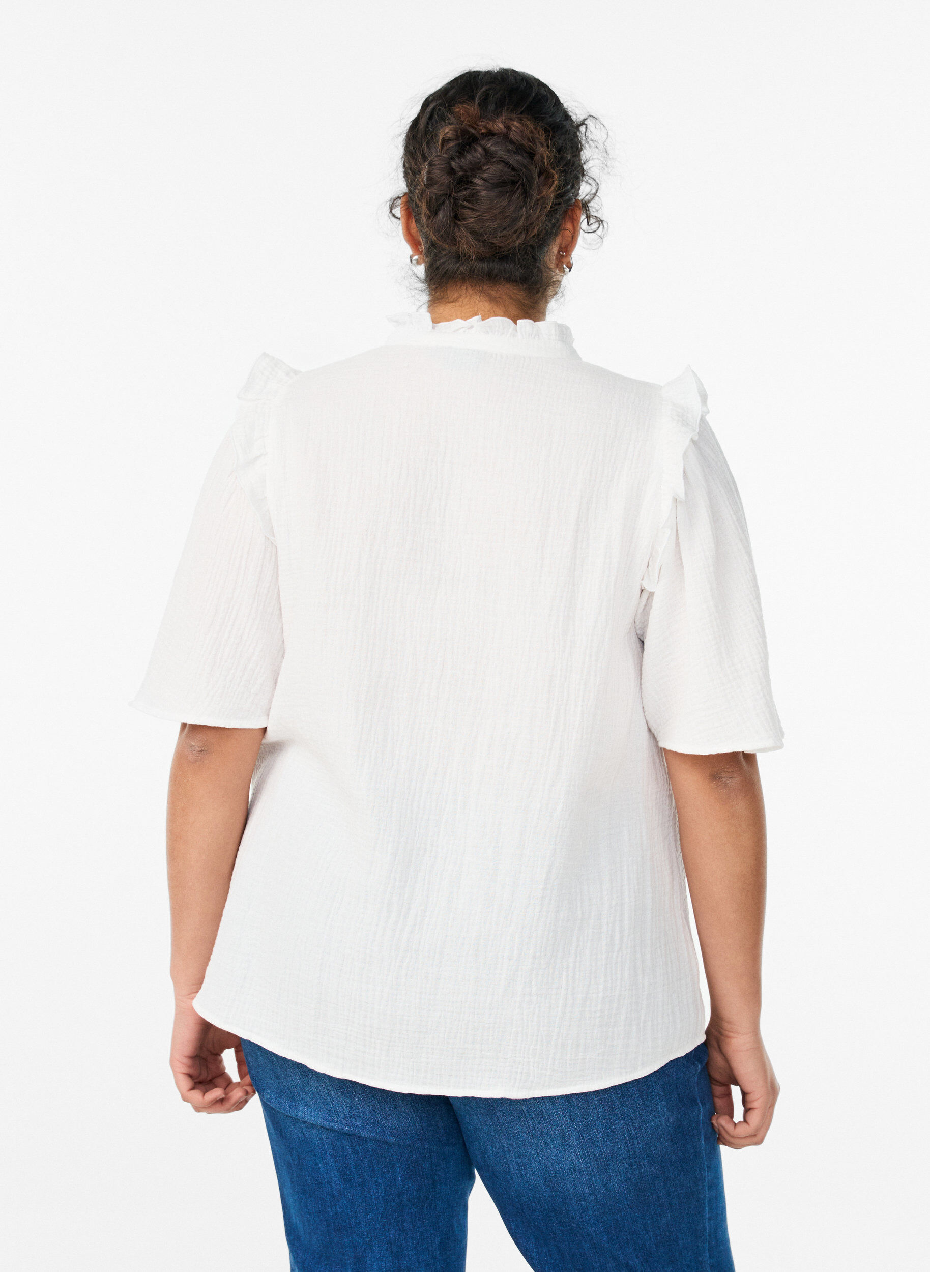 ZizziBlouse in katoen mousseline met broderie anglaise en 1/2 mouwen, Wit, Model image number 2