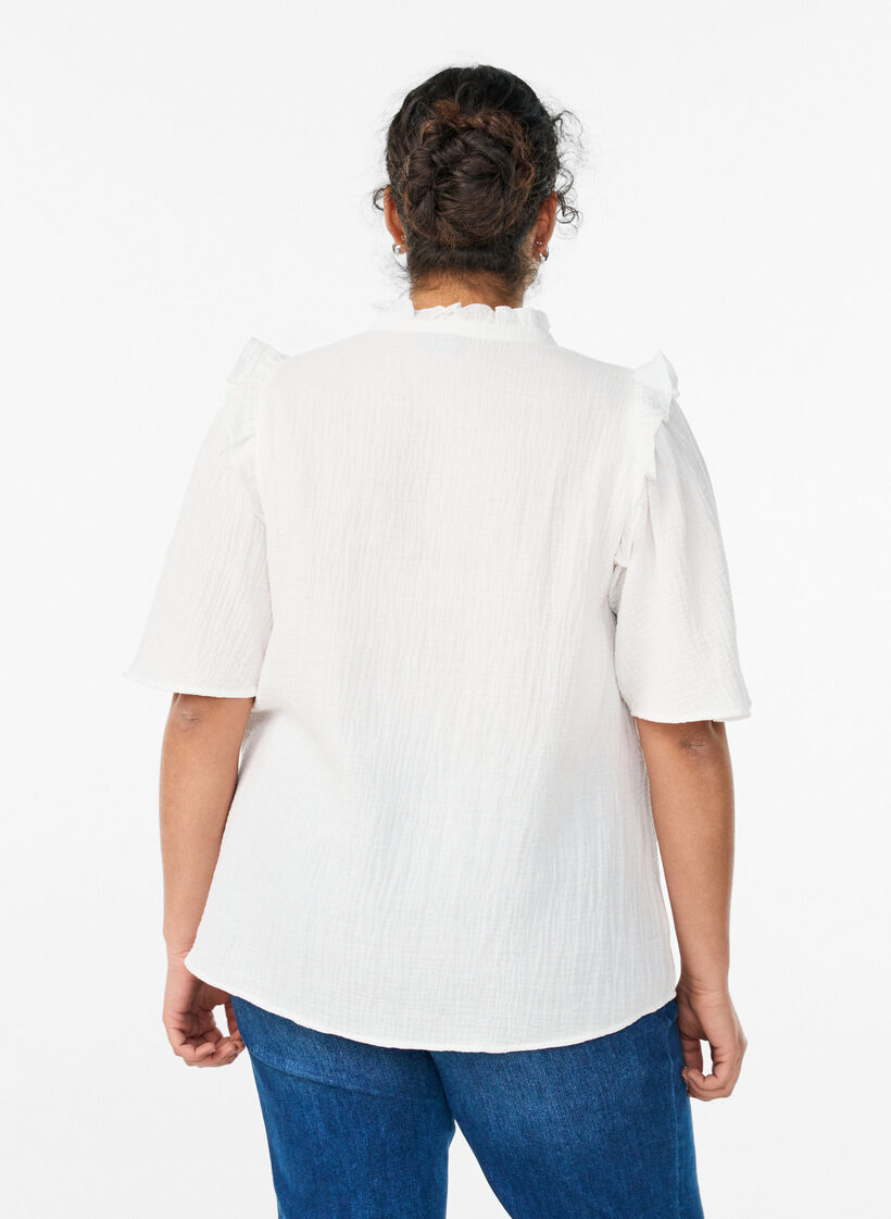 Blouse in katoen mousseline met broderie anglaise en 1/2 mouwen, Wit, Model image number 2