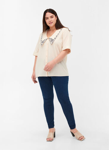Katoenen blouse met korte mouwen en grote kraag , MotherOfPearl w.Blue, Model image number 3