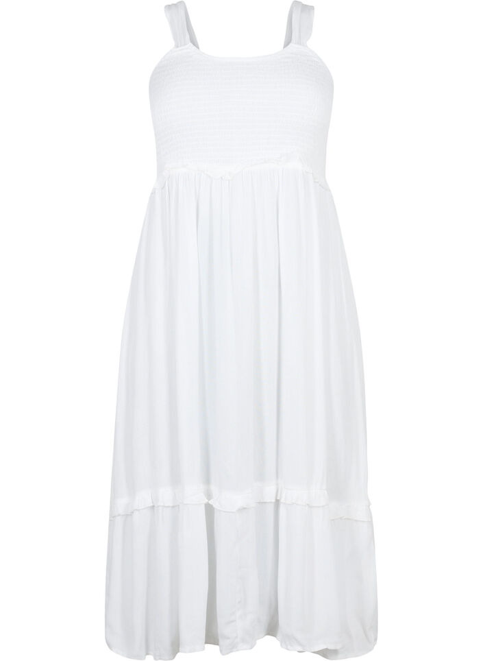 Viscose midi-jurk met smok, Bright White, Packshot image number 0