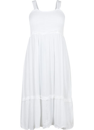 Viscose midi-jurk met smok, Bright White, Packshot image number 0