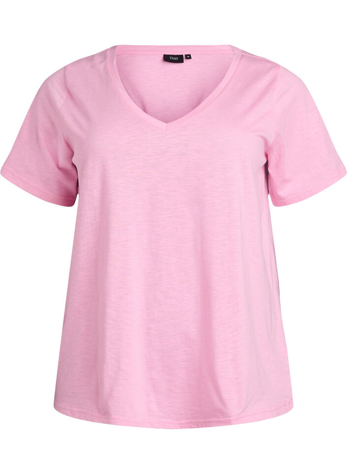 Basic t-shirt met korte mouwen en V-hals, Roze, Packshot image number 0