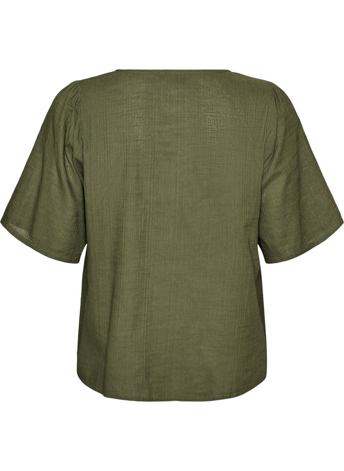 Katoenen shirt met korte mouwen en een V-hals, Groen, Packshot image number 1