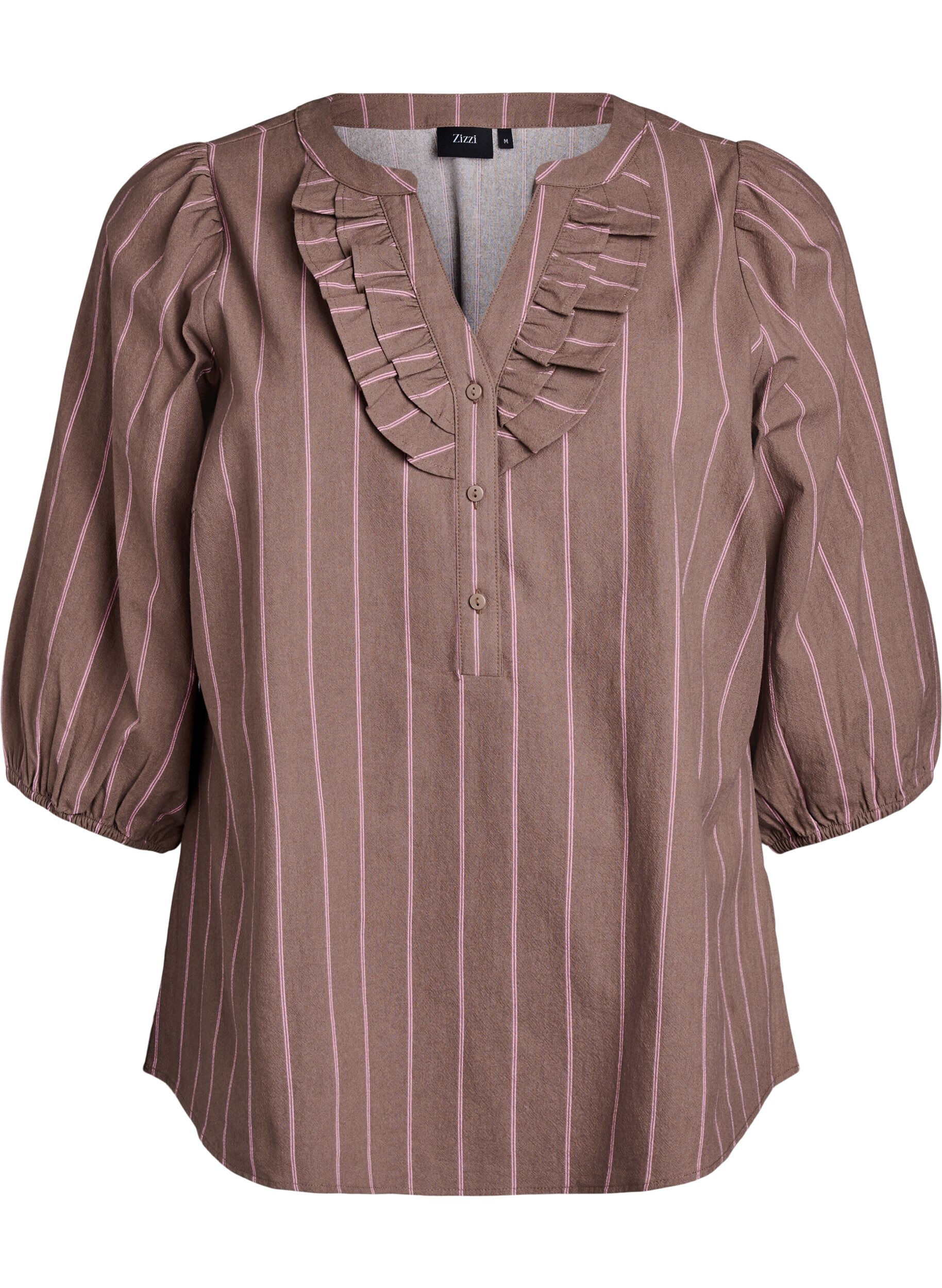Zizzi 3/4 mouw blouse in katoen met strepen, Bruin, Packshot image number 0