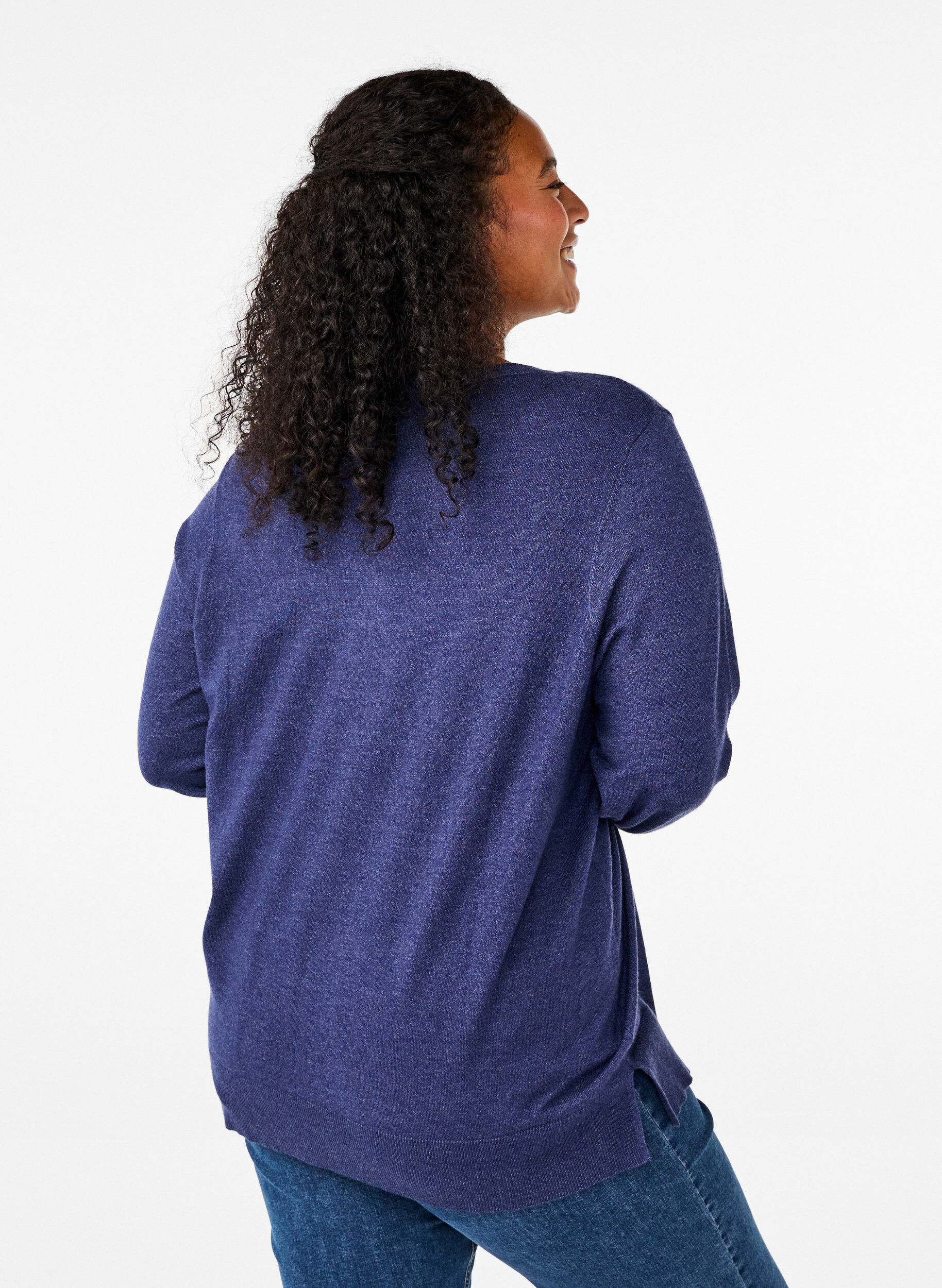 Zizzi Gebreide blouse met lange mouwen en een spleet, Blauw, Model image number 2