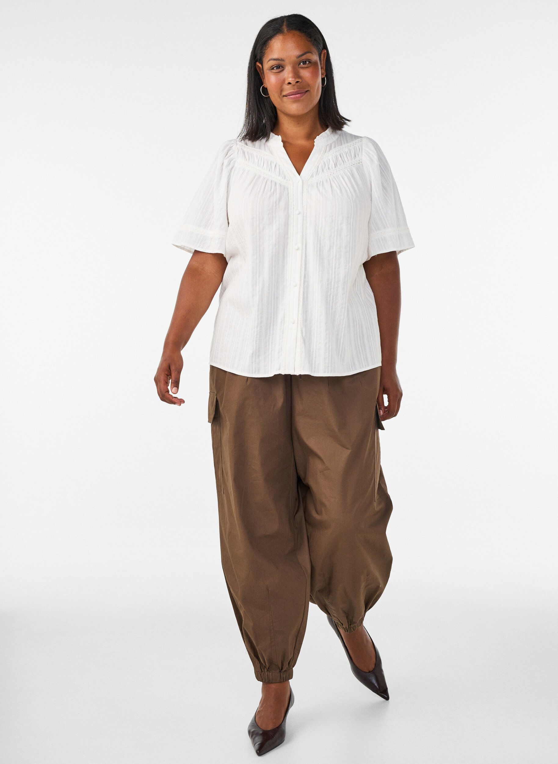 ZizziKatoenen blouse met decoratieve banden, Vanille, Model image number 1