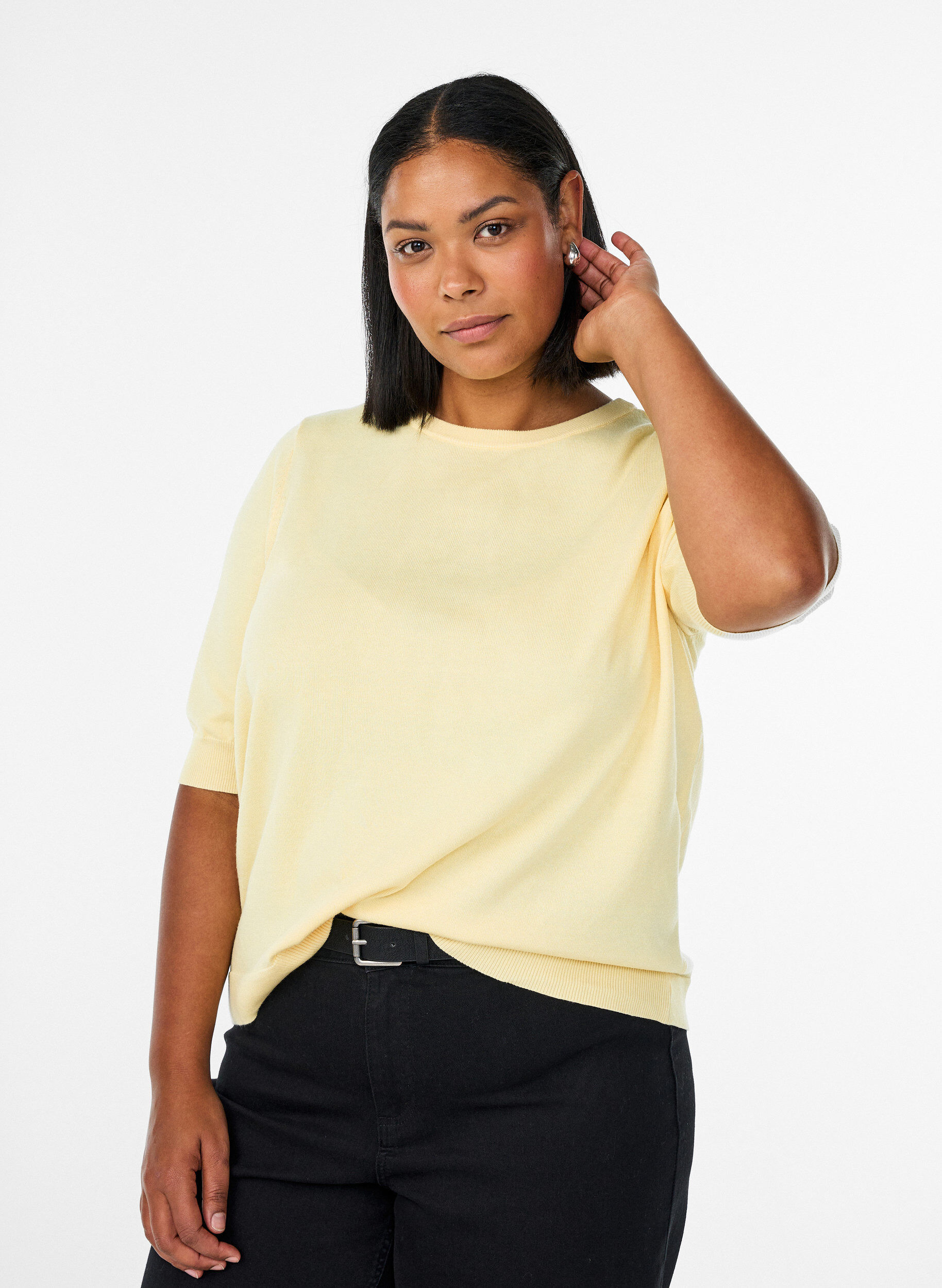 ZizziFijngebreide blouse met korte mouwen, Geel, Model image number 0