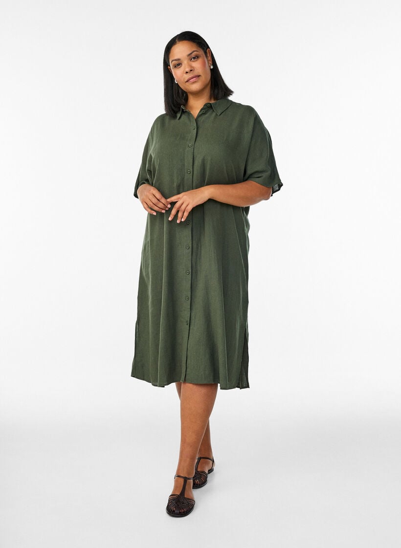 Shirtjurk in linnen en viscose met korte mouwen, Groen, Model image number 1