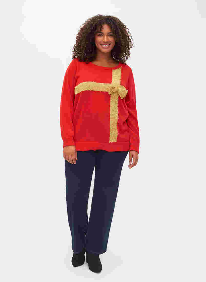 Gebreide kersttrui van lurex, Red W/gold lurex, Model image number 2