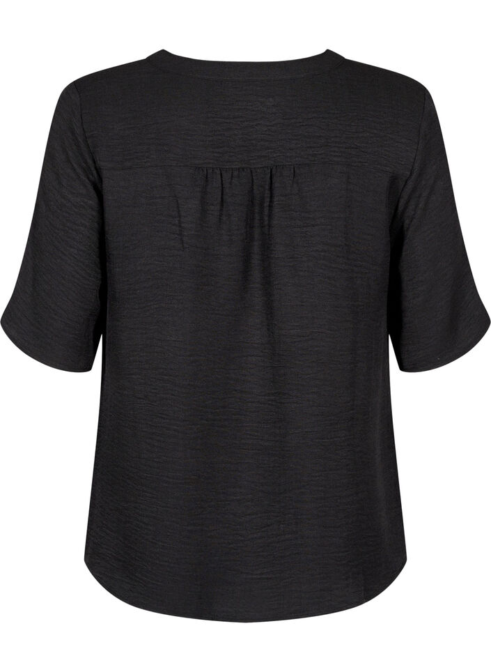 Overhemd blouse met V-hals en korte mouwen, Zwart, Packshot image number 1