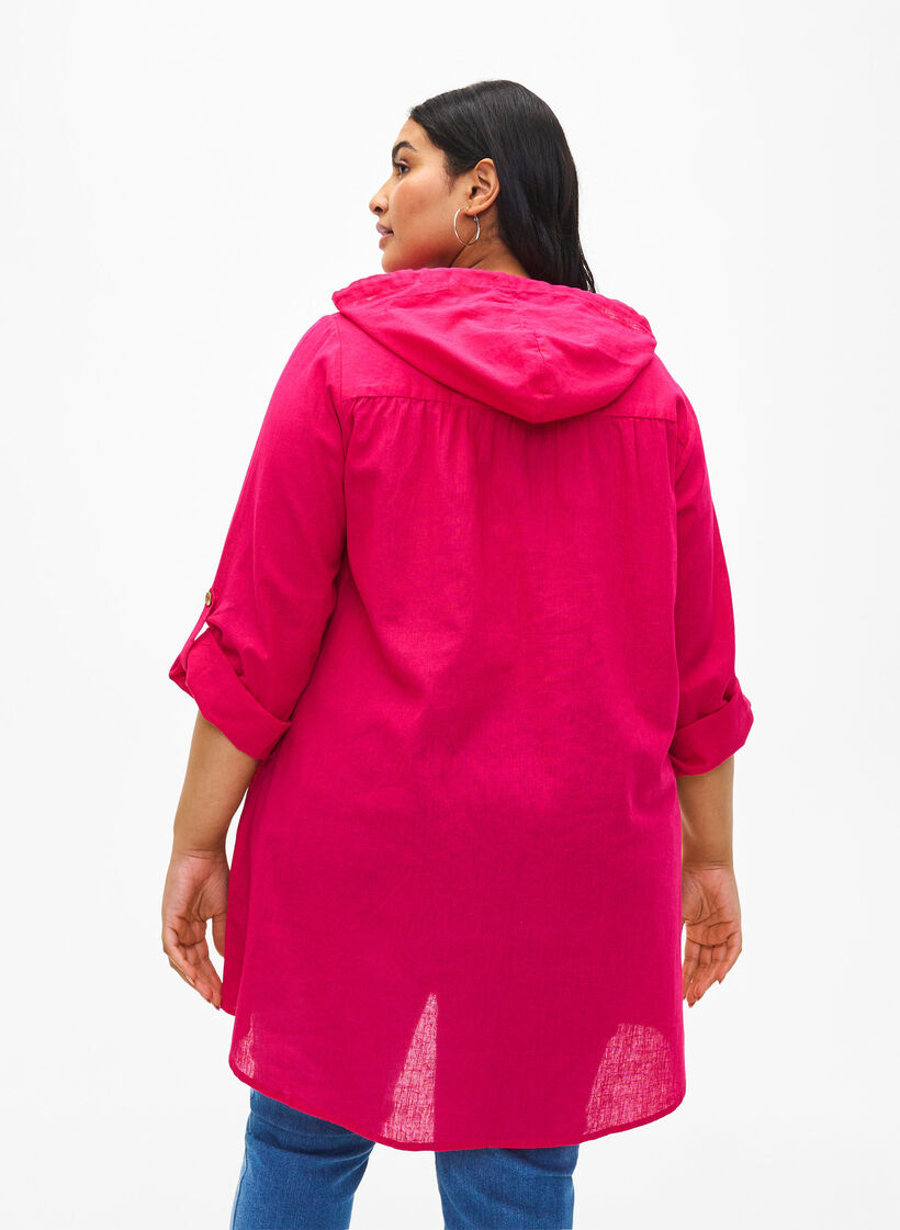 Tuniek met capuchon van katoen en linnen, Bright Rose, Model image number 1