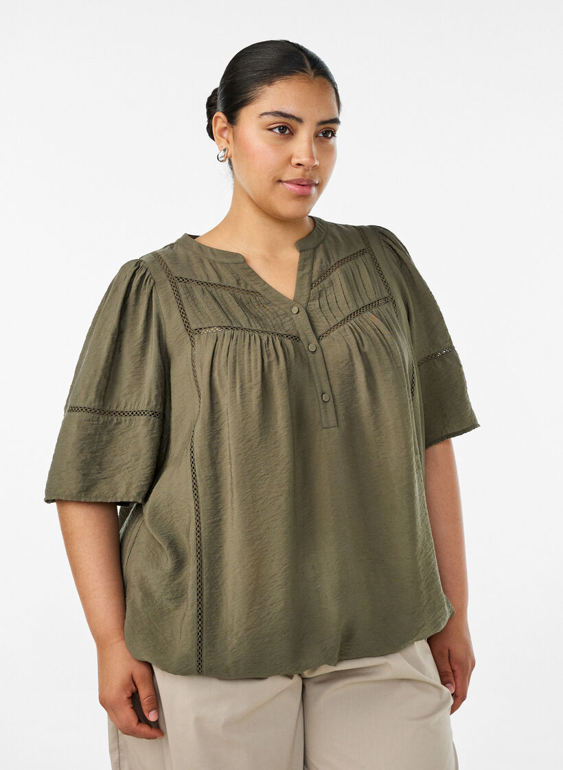 Viscose blouse met plooien en balloneffect, Groen, Model image number 0