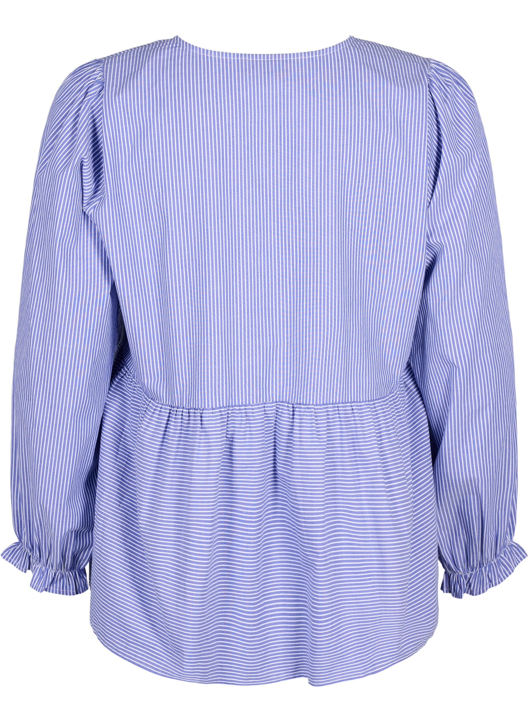 Zizzi Gestreepte katoenen blouse met strik detail, Baja Blue Stripe, Packshot image number 1