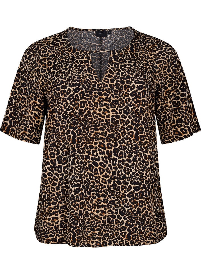 Viscose blouse met korte mouwen met print, Bruin, Packshot image number 0