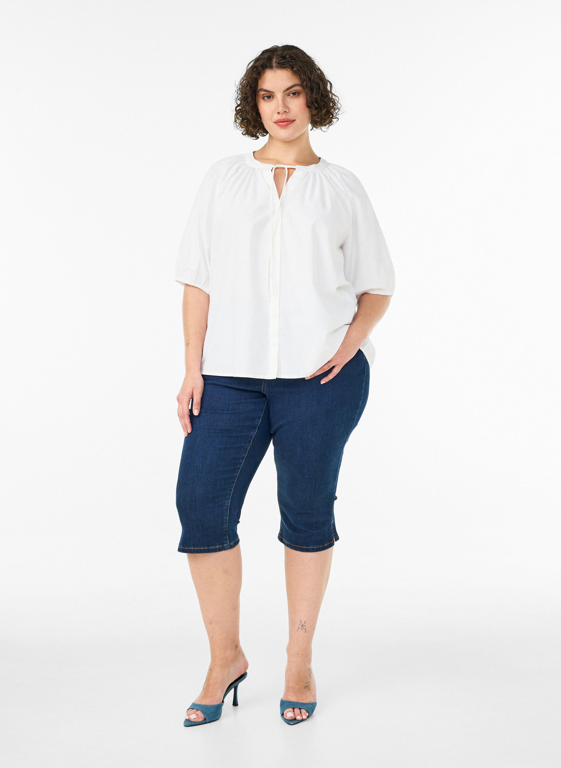 ZizziOverhemdblouse met knoopsluiting en strikceintuur, Wit, Model image number 1