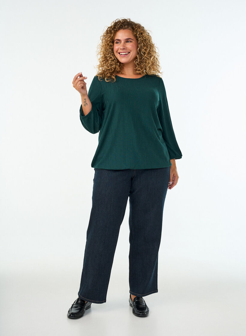 Blouse met textuur en 3/4 mouwen, Groen, Model image number 1