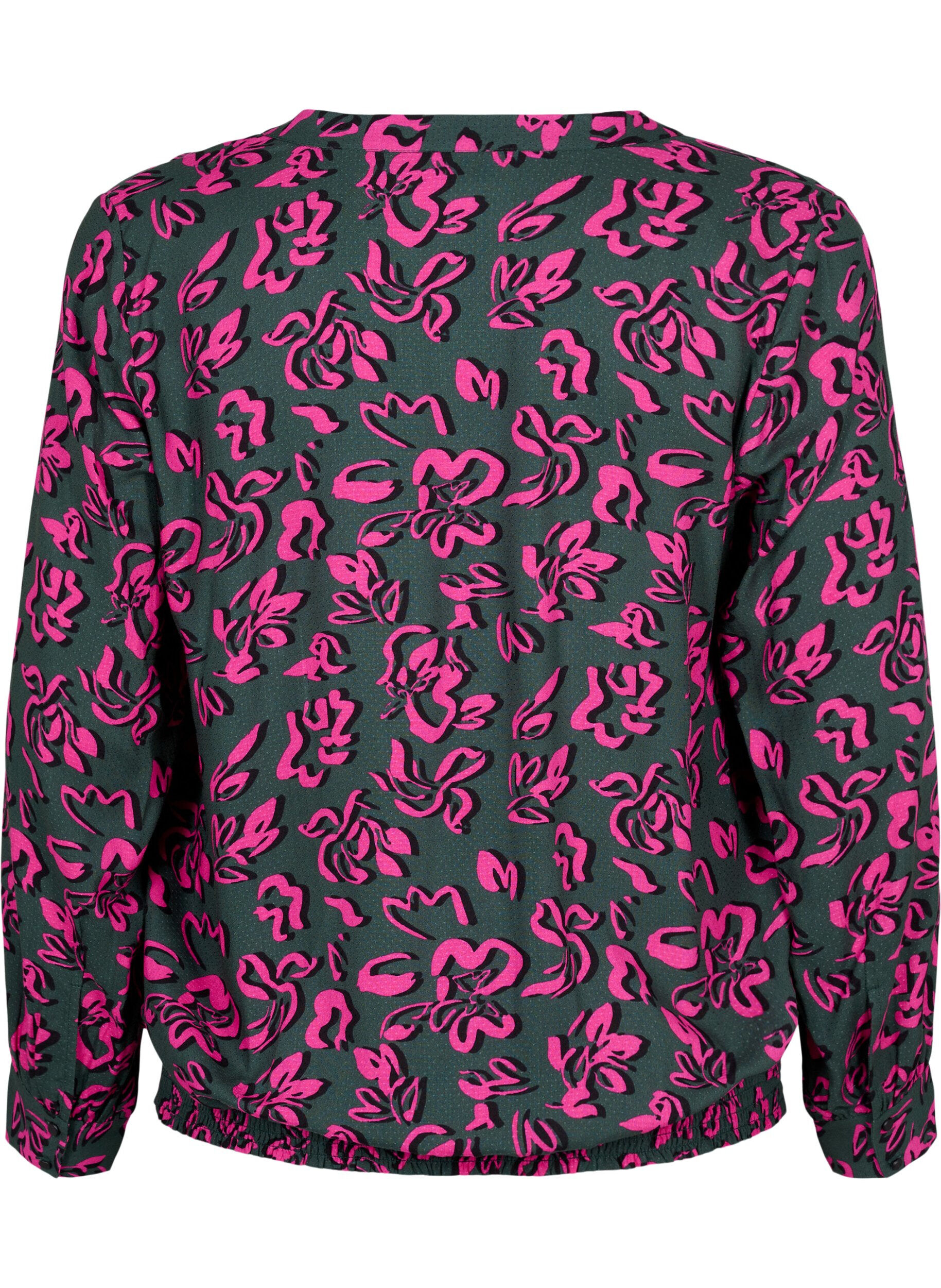 Zizzi Viscose blouse met lange mouwen en smock, Deep Forest AOP, Packshot image number 1