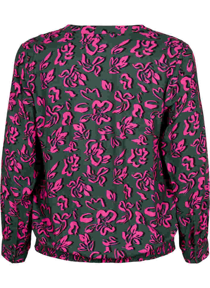 Viscose blouse met lange mouwen en smock, Deep Forest AOP, Packshot image number 1