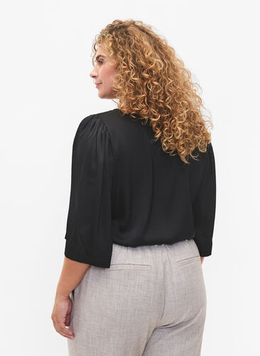 Satijnen blouse met halflange mouwen, Black, Model image number 1