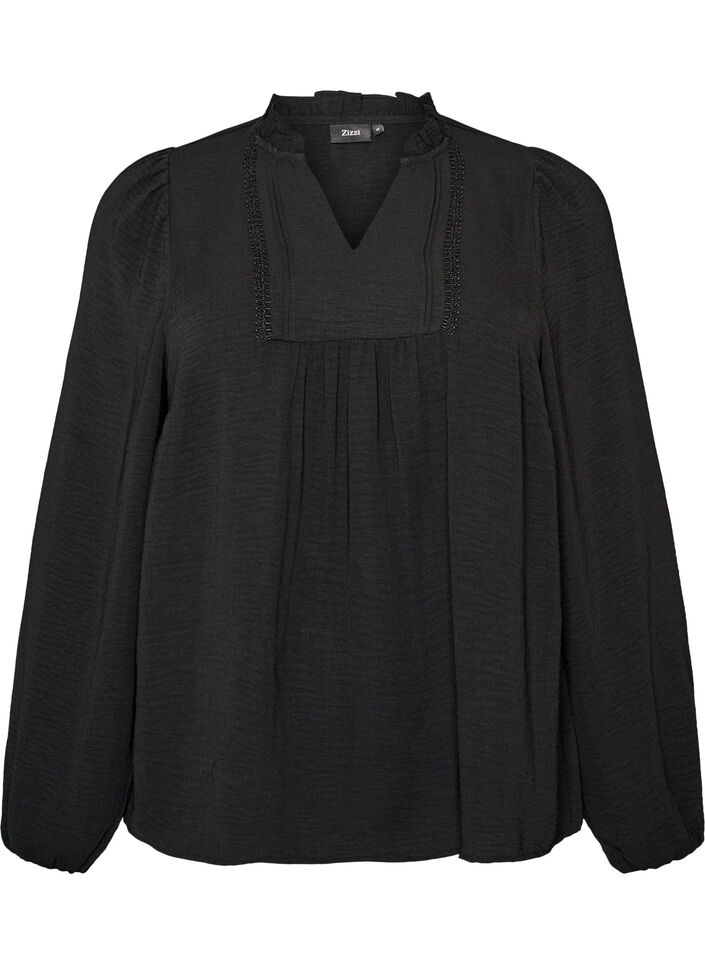 Blouse met V-hals en gehaakte sierband, Zwart, Packshot image number 0