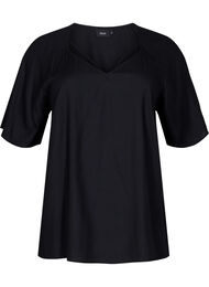Viscose blouse met korte mouwen en touwtjes detail, Black