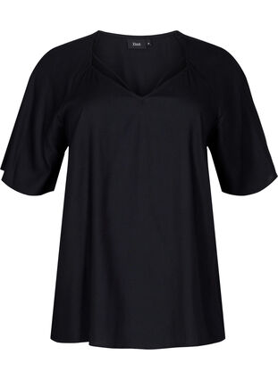 Viscose blouse met korte mouwen en touwtjes detail, Black, Packshot image number 0