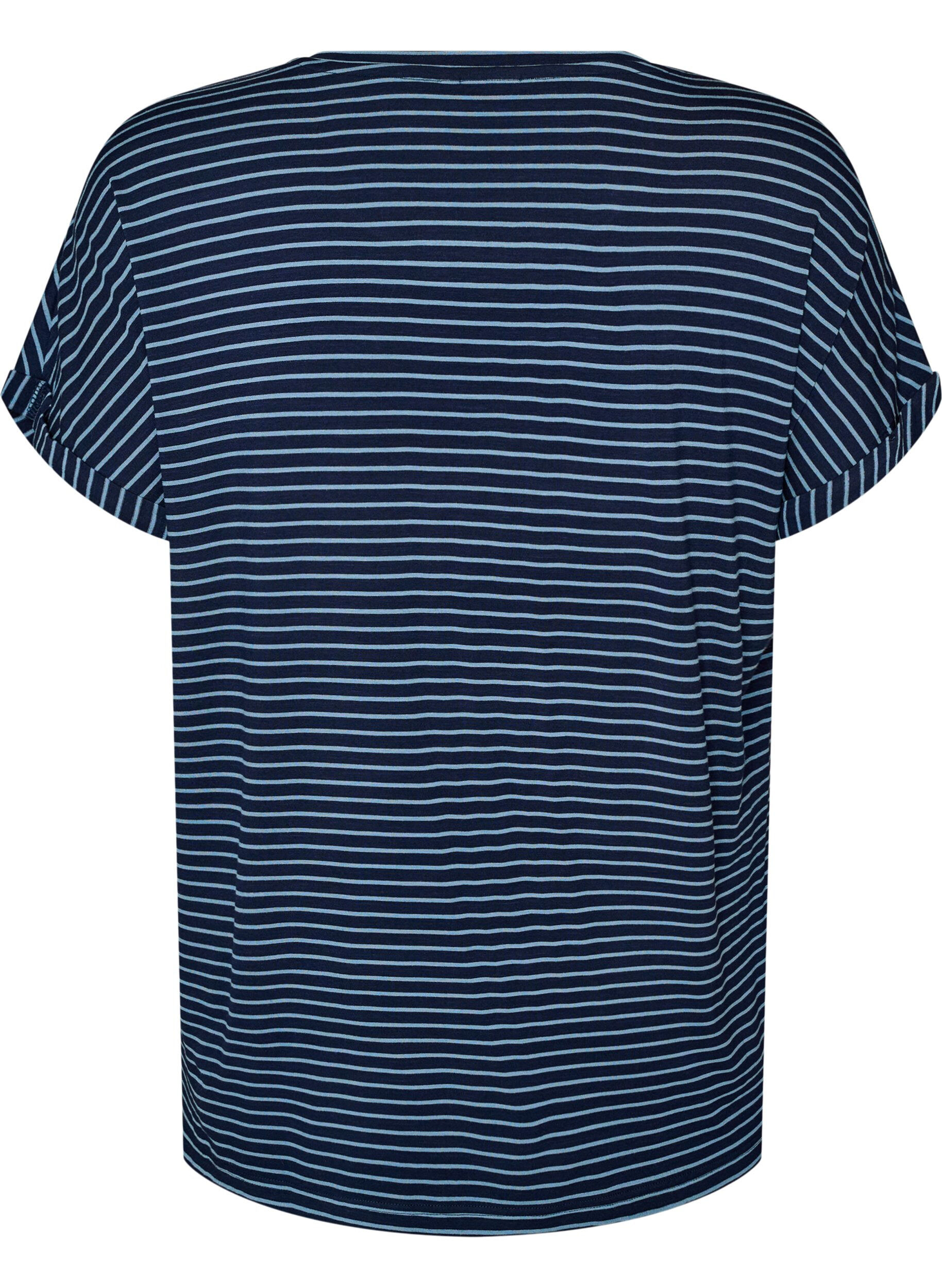 ZizziGestreept T-shirt in viscose met een ronde hals, Blauw, Packshot image number 1