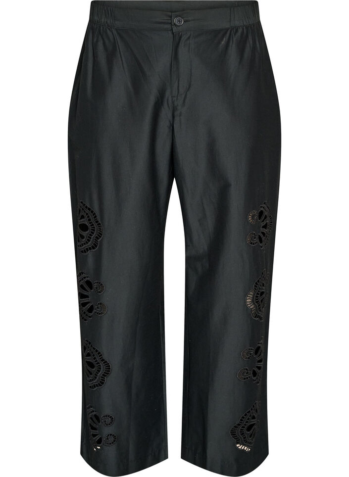 Katoenen broek met geborduurde uitsnijdingen, Zwart, Packshot image number 0