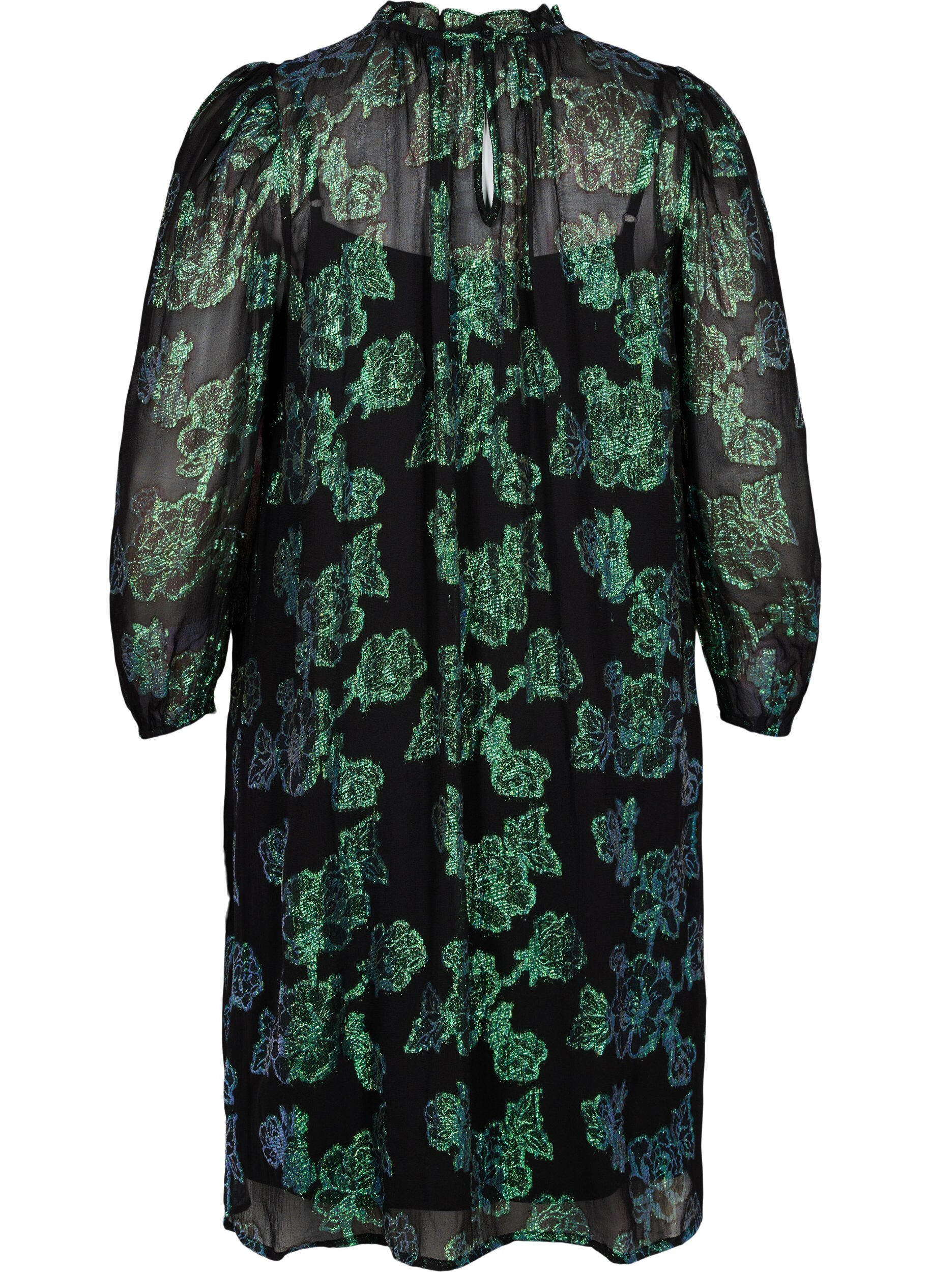 Zizzi Jurk van viscose met bloemen en lurex structuur, Black w. Green Lurex, Packshot image number 1