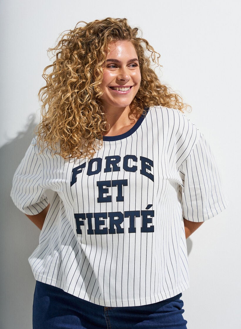 Boxy T-shirt met strepen en statement print, Wit, Image image number 0