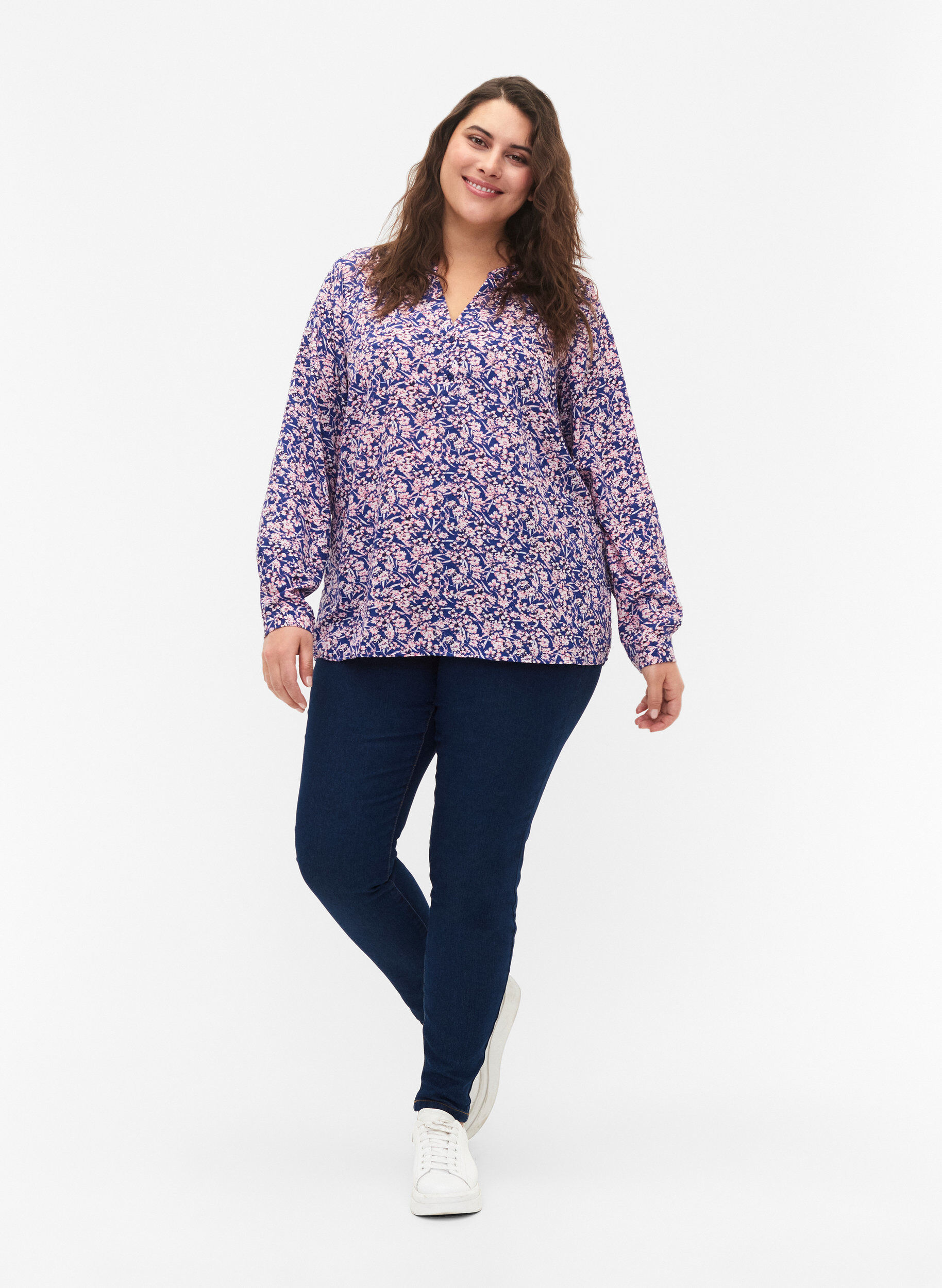 Zizzi FLASH - Blouse met lange mouwen en print, Strong Blue Flower, Model image number 2