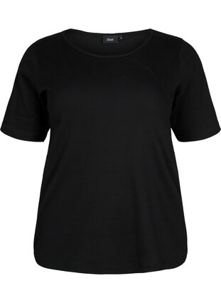 Katoenen blouse met korte mouwen in ribstof, Black, Packshot image number 0