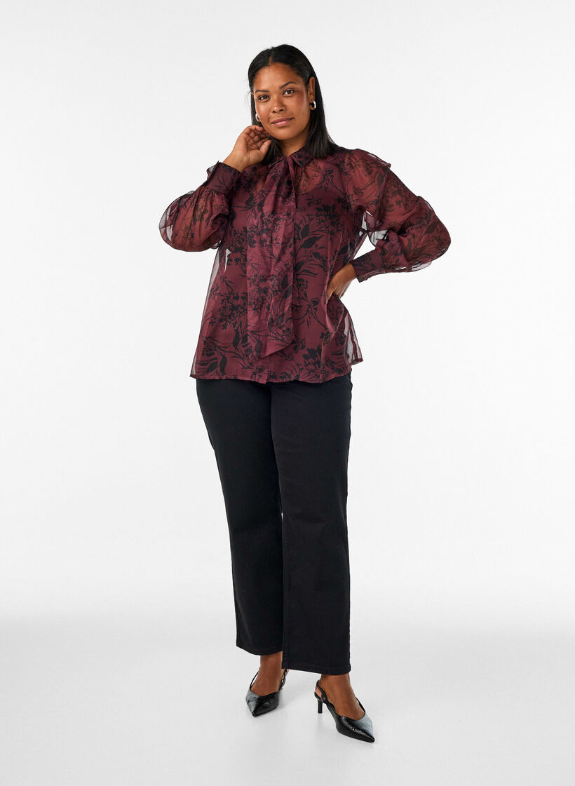 Doorschijnende overhemdblouse met bloemenpatroon en strikdetail, Donker Bordeaux, Model image number 1