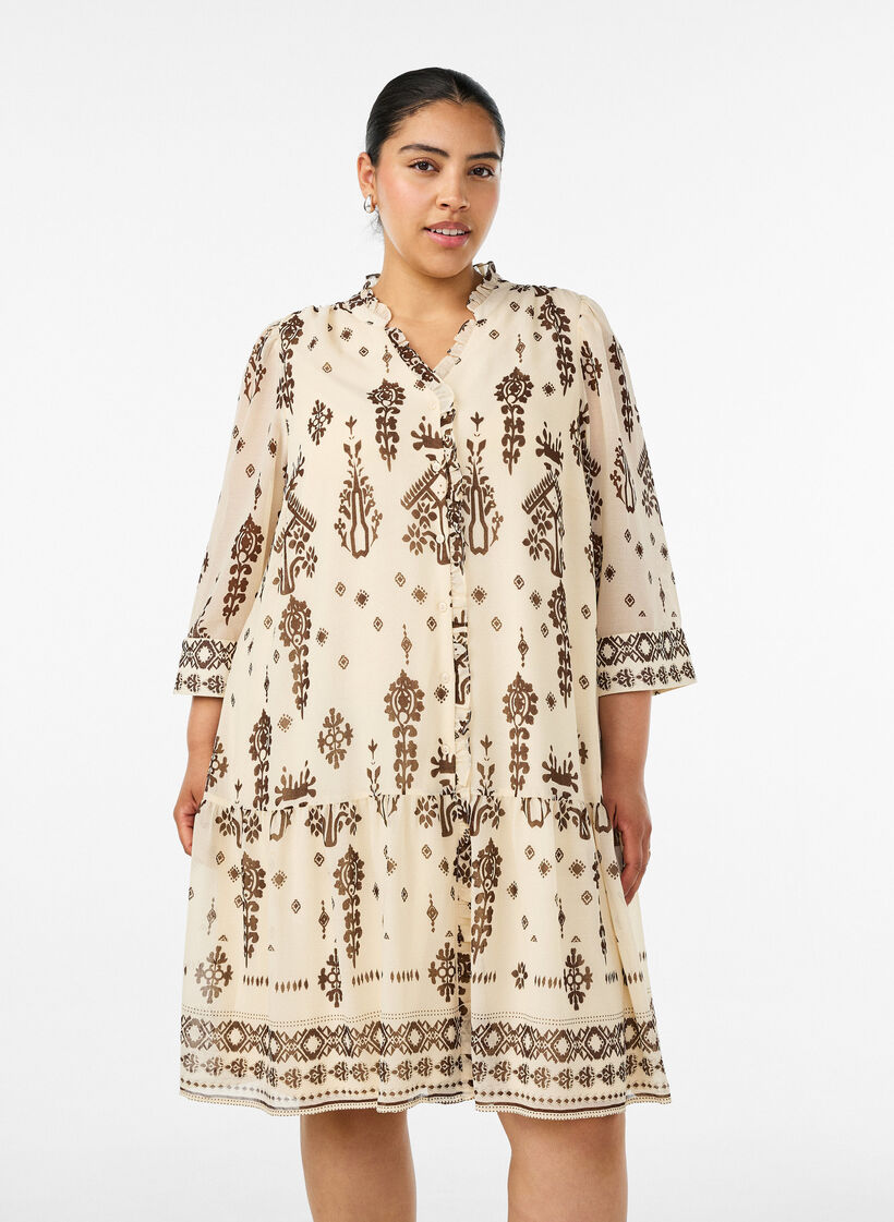 Jurk met ornamentprint en ruchekraag, Beige, Model image number 0