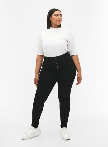 Amy jeans met hoge taille en knopen, Black, Model image number 0